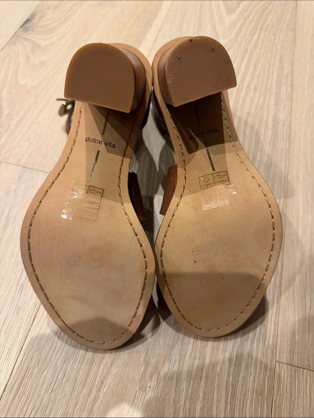 Dolce Vita Cognac Brown Leather Block Heel Sandals